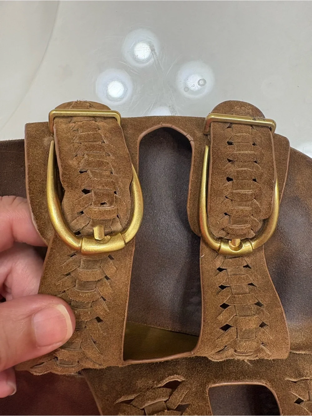 Veronica Beard Brown Suede Double-Band Sandals with Brass Buckles